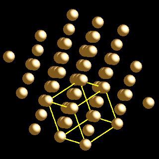 Gold crystal structure image (ball and stick style)