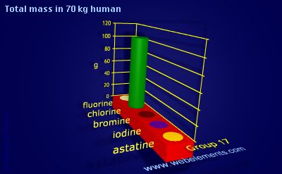 Image showing periodicity of total mass in 70 kg human for group 17 chemical elements.